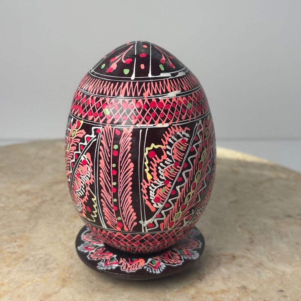 Unbranded Hand Painted Ukrainian Pysanky Style Wooden Egg Small Black Pink Folk